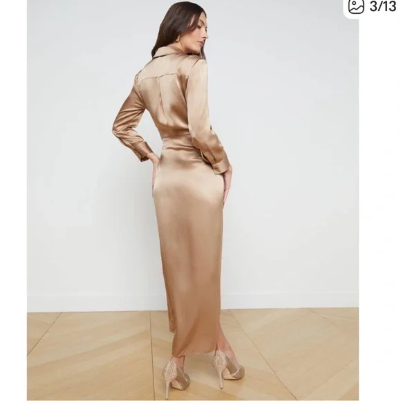 L'AGENCE Kadi Silk Maxi Ling Wrap Silk Dress V Neck Cappuccino Luxury Formal - Picture 2 of 7